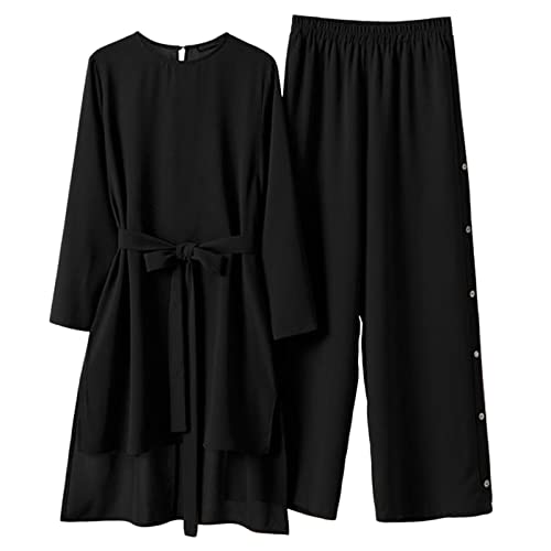 Amxleh Muslimische Kleider Damen 2 Teiler Langärmeliges Top + Lang Hose Ramadan Outfit Muslimisch Einfarbig Zweiteilige Sets Gebetskleidung Naher Osten Türkei Dubai Arabisch Abaya Anzug Gebet Outfits von Amxleh