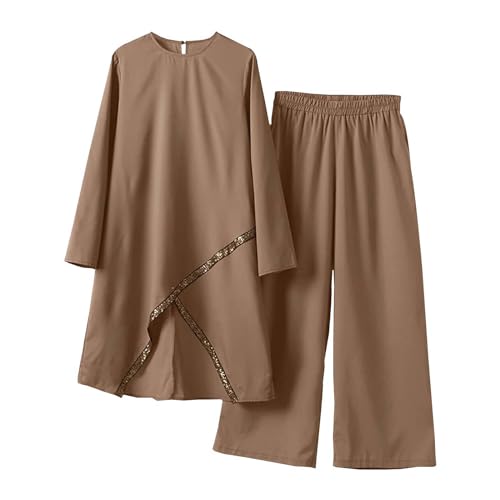Amxleh Muslimische Kleider Damen 2 Teiler Langärmeliges Top + Lang Hose Ramadan Outfit Muslimisch Einfarbig Zweiteilige Sets Gebetskleidung Naher Osten Türkei Dubai Arabisch Abaya Anzug Gebet Outfits von Amxleh