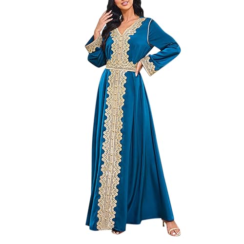 Amxleh Muslimisches Kleid Damen V-Ausschnitt Blumen Stickerei Lang Abendkleid Elegant Kaftan Traditioneller Gebetskleidung Outfit Arabisch Gebetskleid Heißgeprägtes, Modisches, Langärmeliges Kleider von Amxleh