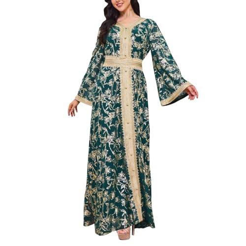 Amxleh Muslimisches Kleid Damen V-Ausschnitt Blumen Stickerei Lang Abendkleid Elegant Kaftan Traditioneller Gebetskleidung Outfit Arabisch Gebetskleid Heißgeprägtes, Modisches, Langärmeliges Kleider von Amxleh