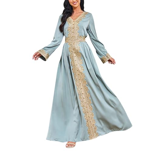 Amxleh Muslimisches Kleid Damen V-Ausschnitt Blumen Stickerei Lang Abendkleid Elegant Kaftan Traditioneller Gebetskleidung Outfit Arabisch Gebetskleid Heißgeprägtes, Modisches, Langärmeliges Kleider von Amxleh