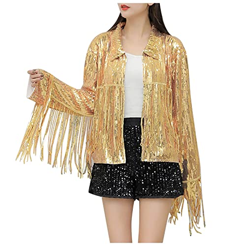 Amxleh Pailletten Jacke Damen glänzender Glitzer Quasten Disco Jacket Paillettenrandjacke Blazer Y2K 90S Streetwear Kurze Fransenjacke Motorradjacke Mantel Karneval Party Kostüm von Amxleh