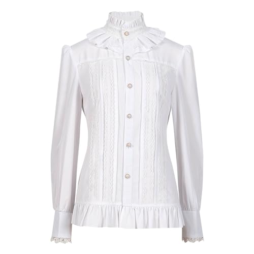 Amxleh Renaissance Spitzenbluse Damen Weiß Schwarz Piraten-Langarmhemd Mittelalter Langarmshirt Vintage Schleifenhemd Stehkragen mit Rüschen Hoher Ausschnitt Hemd Bluse Viktorianisch Bluse Dame Hemden von Amxleh