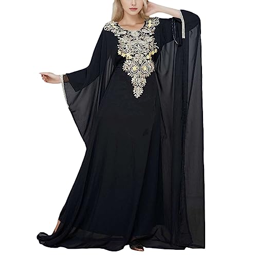 Damen Arabisch Dubai Muslim Elegant Langarm V-Ausschnitt Blumen Spitze Stickerei Lang Abendkleid Kaftan Traditioneller Marokkanischen Kaftans Oder Eines Kabylenkleids Lockeres Gewand von Amxleh
