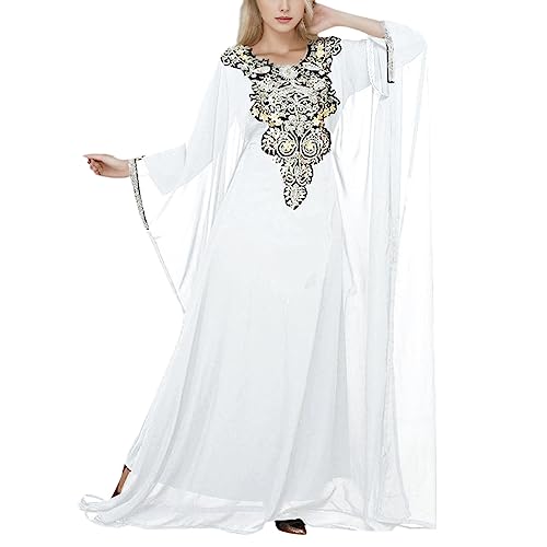 Damen Arabisch Dubai Muslim Elegant Langarm V-Ausschnitt Blumen Spitze Stickerei Lang Abendkleid Kaftan Traditioneller Marokkanischen Kaftans Oder Eines Kabylenkleids Lockeres Gewand von Amxleh