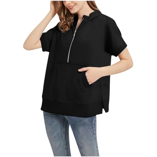 Damen Short Sleeve Zip Hoodie Jacke Sweats Hemd Kurzarm Kapuzenpullover Sommer Klassisch Tops Sweatshirt Mit Kapuze Locker Kapuzenpulli Plus Size Hoody Oberteile Bequem Bluse Sportshirt Sommershirts von Amxleh