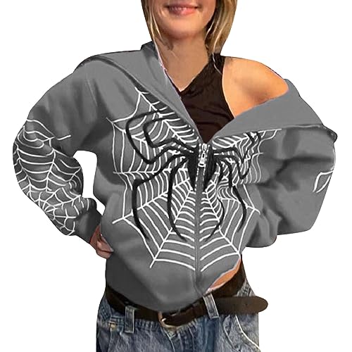 Damen Zip Up Oversized Hoodie Große Spinnennetz Print Muster Y2K Hoodie Gothic Punk Jacke Sweatshirt Halloween Oversized Kapuzenpullover Damen Oberteile Übergröße Pullover Teenager Mädchen Streetwear von Amxleh