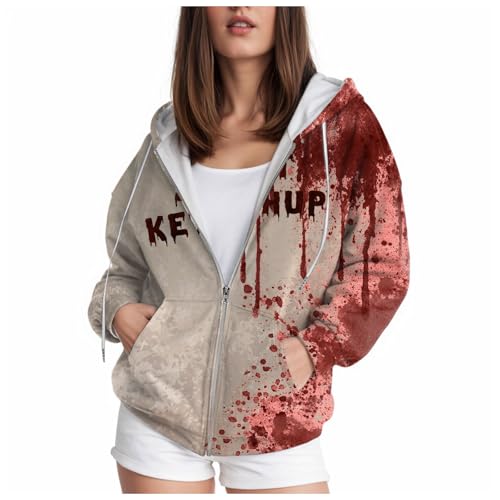Damen Zip Up Oversized Hoodie Print Muster Y2K Gothic Punk Jacke Sweatshirt Halloween Kostüm Kapuzenpullover Oberteile Pullover Streetwear Sweatjacke Batik Bedrucken Farbverlauf Übergröße Kapuzenjacke von Amxleh