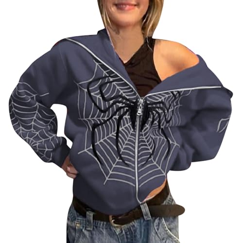 Damen Zip Up Oversized Hoodie Spinnennetz Print Muster Y2K Hoodie Gothic Punk Jacke Sweatshirt Halloween Kostüm Oversized Kapuzenpullover Damen Oberteile Übergröße Pullover Teenager Mädchen Streetwear von Amxleh