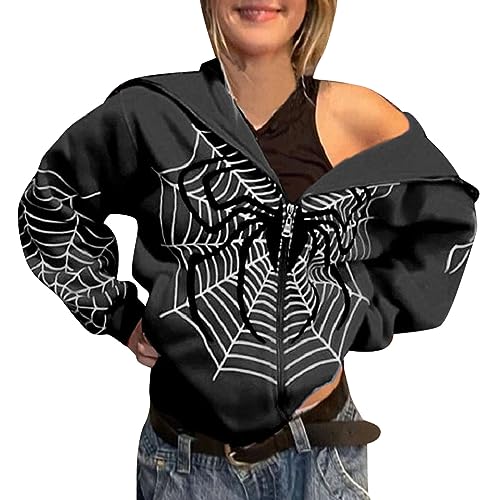 Damen Zip Up Oversized Hoodie Spinnennetz Print Muster Y2K Hoodie Gothic Punk Jacke Sweatshirt Halloween Kostüm Oversized Kapuzenpullover Damen Oberteile Übergröße Pullover Teenager Mädchen Streetwear von Amxleh