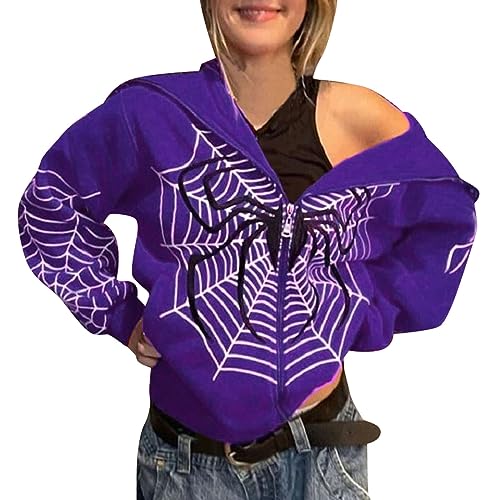 Damen Zip Up Oversized Hoodie Spinnennetz Print Muster Y2K Hoodie Gothic Punk Jacke Sweatshirt Halloween Kostüm Oversized Kapuzenpullover Damen Oberteile Übergröße Pullover Teenager Mädchen Streetwear von Amxleh