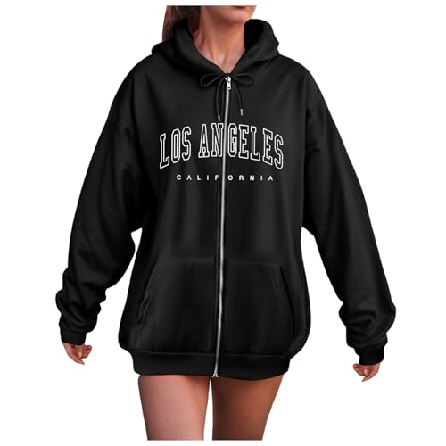Hoodie Damen Oversized Pullover Sport Langarm Sweatshirt Einfarbig Basic Zip Up Kapuzenpullover Sweatjacke Kapuze Muster Y2K Gothic Punk Jacke Oberteile Übergröße Streetwear Bedrucken Kapuzenjacke von Amxleh