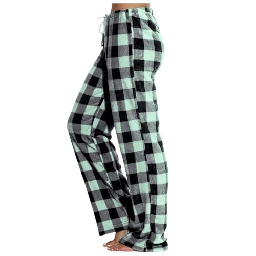 Schlafanzughose Damen Lang Pyjamahose Nachtwäsche Fleece Pyjama Hosen Schlafhose mit Taschen Winter Warme Flanellhose Verdickte Karierte Korallensamt Pyjamahose für Frauen Weitem Bein Freizeithose von Amxleh