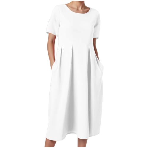 Sommerkleid Damen Ärmelloses Strandkleid Maxikleid Lang V-Ausschnitt Tank Top Kleider Sommer Leicht und Luftig mit Taschen Elastischer Taille Rundhals Midi Knielang Kurzarm Freizeit Strandkleider von Amxleh