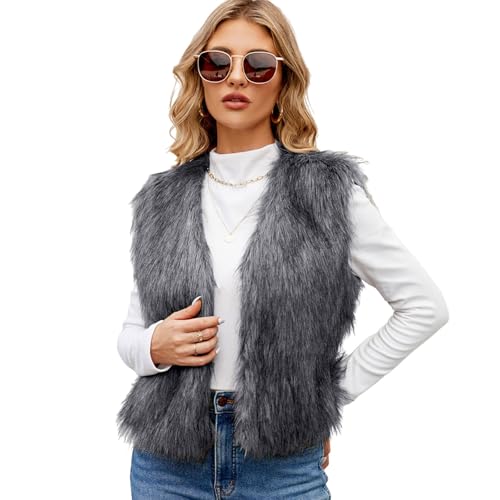 Weste Damen, Fellweste Damen Ärmellos Einfarbig Kunstpelz Weste Leichte Winterweste Damen Winter Warm Damenweste Westen Kunstfell Mantel Jacke Outdoor Kunstpelzweste Casual Thermoweste Kurzweste von Amxleh