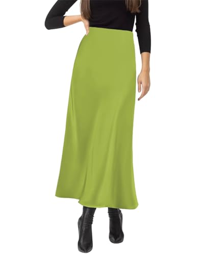 Amy Babe Damen Satin Seidig Hohe Taille Maxi Rock Elegant Elastischer Bund A Linie Lange Röcke, apfelgrün, Groß von Amy Babe