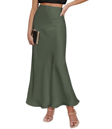 Amy Babe Frühling Sommer Röcke 2024 Satin Rock Hohe Taille Maxi Cocktail Party Hochzeit A-Linie Lange Röcke, Grün (Army Green), Klein von Amy Babe