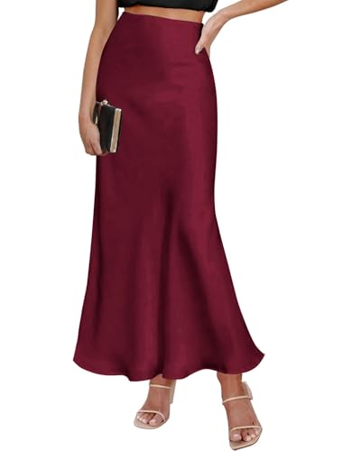 Amy Babe Frühling Sommer Röcke 2024 Satin Rock Hohe Taille Maxi Cocktail Party Hochzeit A-Linie Lange Röcke, Weinrot, Groß von Amy Babe