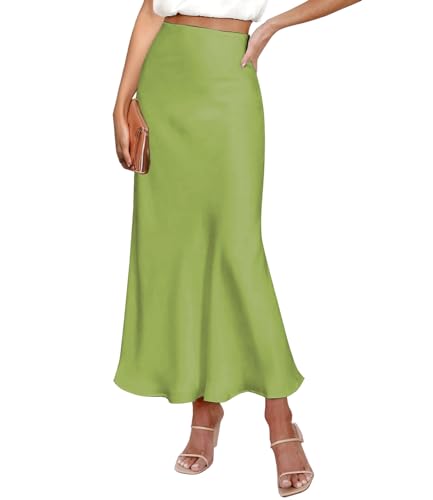 Amy Babe Frühling Sommer Röcke 2024 Satin Rock Hohe Taille Maxi Cocktail Party Hochzeit A-Linie Lange Röcke, apfelgrün, XX-Large von Amy Babe