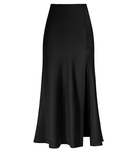 Damen Satin Hohe Taille Seite Split Maxirock Elastischer Bund Reißverschluss Bodycon Lange Röcke, Schwarz, Mittel von Amy Babe