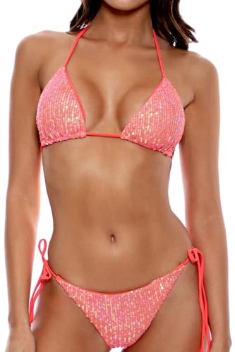 Glänzendes Triangel-Bikini-Set für Damen, Pailletten, Neckholder, String, rückenfrei, seitliche Bindung, zweiteiliger Badeanzug, Orange/Abendrot im Zickzackmuster (Sunset Chevron), 4-6 von Amy Babe