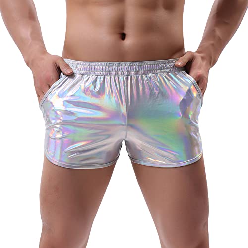 AMY COULEE Herren-Shorts, metallisch, sexy, glänzend, glitzernd, Rave-Outfit, holografische Booty-Shorts mit Taschen, Helles Silber, Klein von Amy Coulee