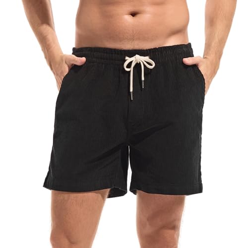 Amy Coulee Cord Shorts Herren Baumwolle 5,5" Cordhose Kurz Elastischem Bund Kordelzug Kurze Hosen Cord Freizeit Shorts Sommer mit Taschen (Schwarz, L) von Amy Coulee