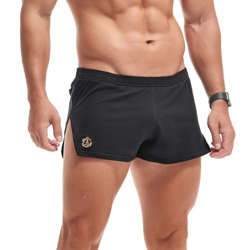 Amy Coulee Herren-Shorts, geteilte Seiten, Fitnessstudio, Workout, Bodybuilding, Baumwolle, Lounge-Sport-Shorts, Schwarz , L von Amy Coulee