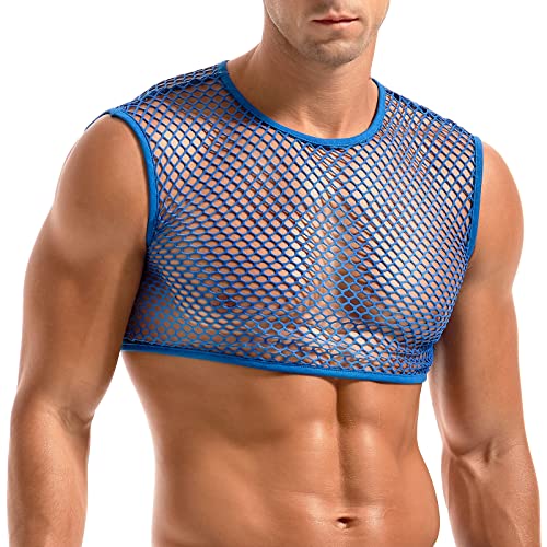 Amy Coulee Herren Fischnetz Crop Top Sexy Mesh Weste Durchsichtig Ärmellos Shirts Muskel Tank Top Neuheit Party Clubwear, blau, S von Amy Coulee