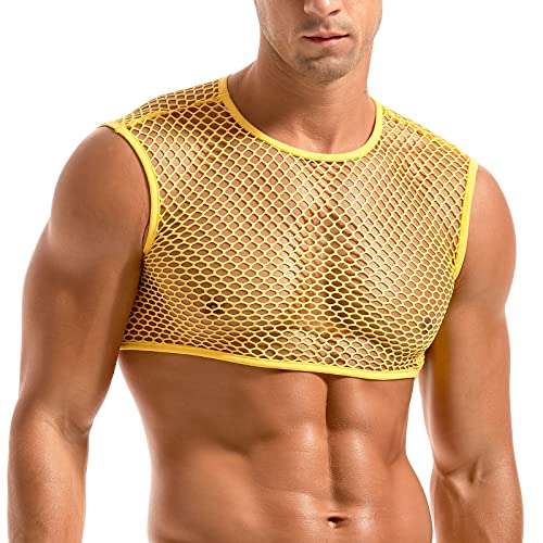 Amy Coulee Herren Fischnetz Crop Top Sexy Mesh Weste Durchsichtig Ärmellos Shirts Muskel Tank Top Neuheit Party Clubwear, gold, M von Amy Coulee