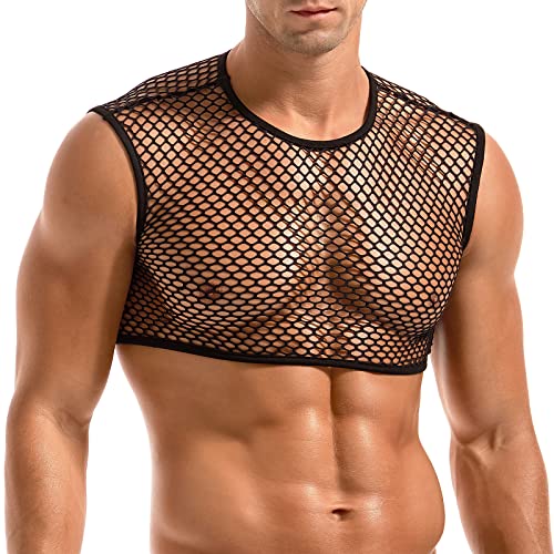 Amy Coulee Herren Fischnetz Crop Top Sexy Mesh Weste durchsichtig ärmellos Shirts Muskel Tank Top Neuheit Party Clubwear, Schwarz , M von Amy Coulee