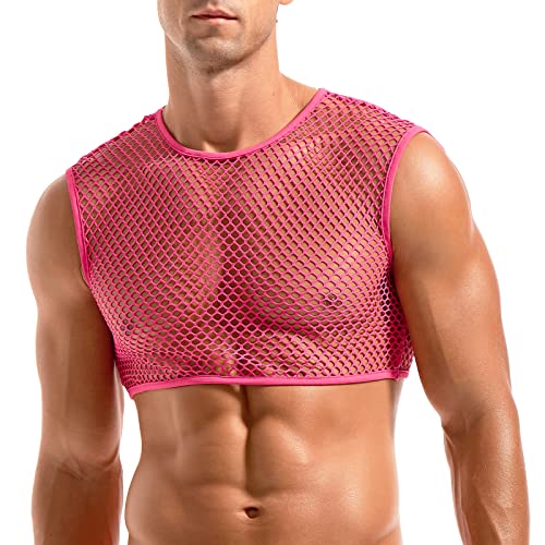 Amy Coulee Herren Fischnetz Crop Top Sexy Mesh Weste durchsichtig ärmellos Shirts Muskel Tank Top Neuheit Party Clubwear, rose, S von Amy Coulee