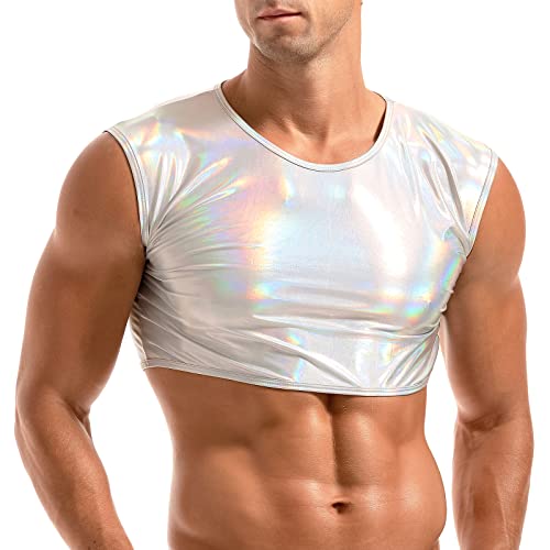 Amy Coulee Herren Muskelshirt Ärmellos Glänzend Crop Top (Helles Silber, L) von Amy Coulee