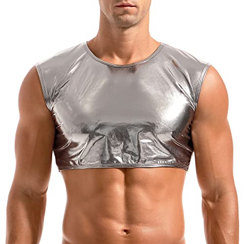 Amy Coulee Herren Muskelshirt Ärmellos Glänzend Crop Top (Silber, L) von Amy Coulee