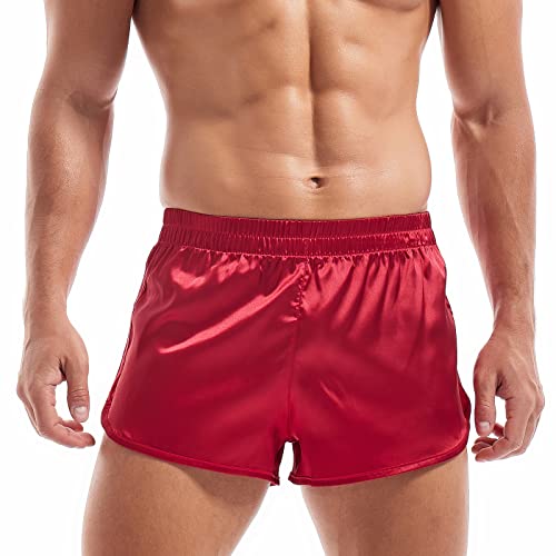 Amy Coulee Herren Satin Boxershorts Seidig Pyjama Shorts Schlafen Unterwäsche Split Side Sexy Boxershorts mit elastischem Bund, rot, S von Amy Coulee