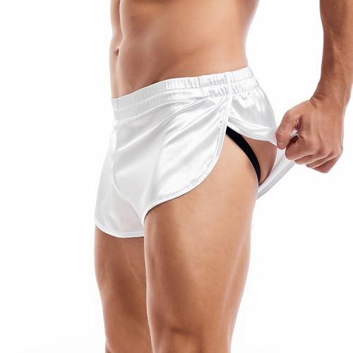 Amy Coulee Satin Boxershorts Herren Groß Teilt Sexy Unterwäsche (Weiß, L) von Amy Coulee