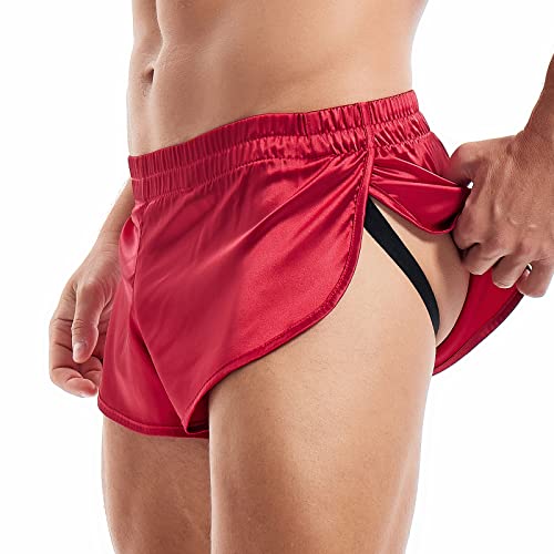 Amy Coulee Sexy Herren-Boxershorts, geteilte seitliche Jockstrap-Unterwäsche, Unterwäsche, Satin, Seide, Boxershorts, leichte Nachtwäsche, rot, L von Amy Coulee