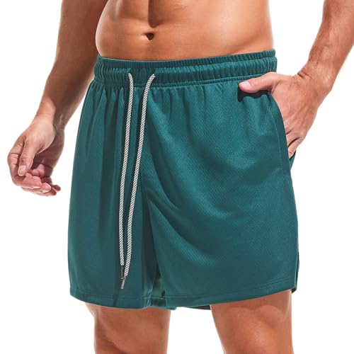 Amy Coulee Sporthose Herren Kurz 5" Baggy Mesh Basketball Shorts Atmungsaktiv Kurze Laufhose Trainingshose Herren Sommer Trainingsshorts mit Elastischem Bund und Taschen (Dunkelgrün, L) von Amy Coulee