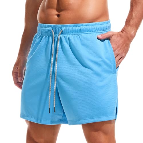 Amy Coulee Sporthose Herren Kurz 5" Baggy Mesh Basketball Shorts Atmungsaktiv Kurze Laufhose Trainingshose Herren Sommer Trainingsshorts mit Elastischem Bund und Taschen (Hellblau, M) von Amy Coulee