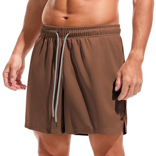 Amy Coulee Sporthose Herren Kurz 5" Baggy Mesh Basketball Shorts Atmungsaktiv Kurze Laufhose Trainingshose Herren Sommer Trainingsshorts mit Elastischem Bund und Taschen (Kaffee, L) von Amy Coulee