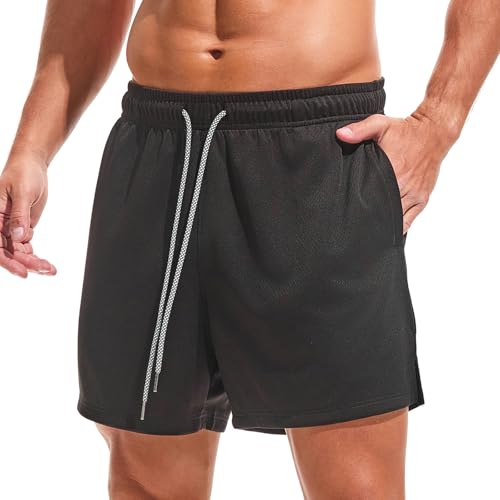 Amy Coulee Sporthose Herren Kurz 5" Baggy Mesh Basketball Shorts Atmungsaktiv Kurze Laufhose Trainingshose Herren Sommer Trainingsshorts mit Elastischem Bund und Taschen (Schwarz, L) von Amy Coulee