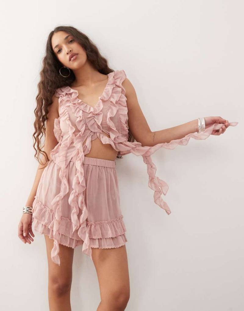 Amy Lynn - Plissiertes Cropped Chiffon-Oberteil in Rotbraun mit Rüschen, Kombiteil-Orange von Amy Lynn