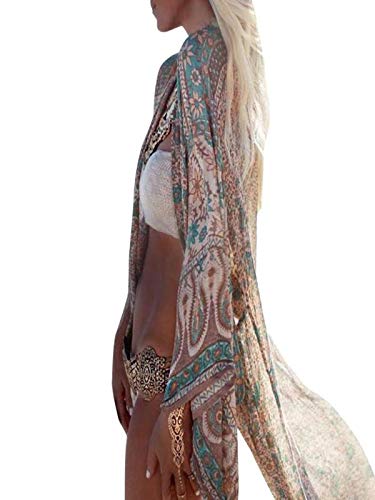 AmyGline Chiffon Kimono Damen Strand Bikini Cover Up Strandkleid mit Blumendruck Boho Strandponcho Sommer Cardigan Strickjacke Badeanzug Cover-Ups Strickjacke,Pareos & Strandkleider für Urlaub von AmyGline