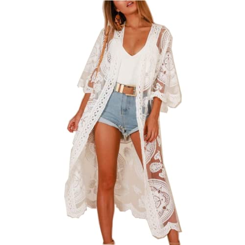 AmyGline Damen Spitzen Bluse Tops Strand Badeanzug Bedecken Pareos Kimono Bikini Cover up/Spitze Perspektivische Strickjacke/Strand Sonnencreme Bluse/Lace Strandkleid (Weiß-Lang, Eine Größe) von AmyGline