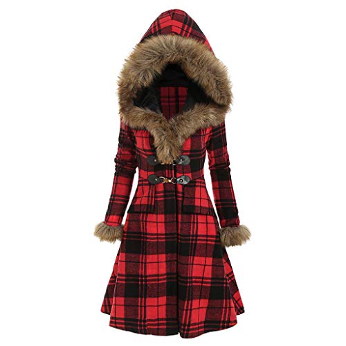 AmyGline Damen Wintermantel mit Kunstpelz Kapuze Gothic Retro Karierte Winter Jacke Parka Mantel Kleid Trenchcoat Winterjacke von AmyGline