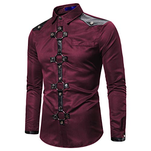 AmyGline Herren Hemd Retro Steampunk Langarmhemd Leder Knopf Shirt Top Bluse Business Hochzeit Party Punk Kleidung von AmyGline