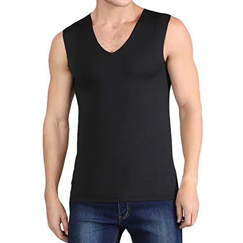 AmyGline Herren T Shirt Top,Ärmellos Tank Top Eisseide Spurlos Dünn Atmungsaktiv V Ausschnitt T-Shirt Basic Männer Sommer Hemd Henley Shirt Sweatshirt Freizeithemd von AmyGline