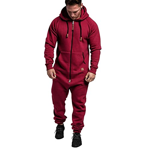 AmyGline Jumpsuit Herren Herbst Winter Kuscheliger Jumpsuit Sweat Jogger Jogging Anzug Trainingsanzug Overall Ganzkörperanzug Hoodie Kapuzenpullover Siamesisch Hose Freizeithose Sporthose von AmyGline