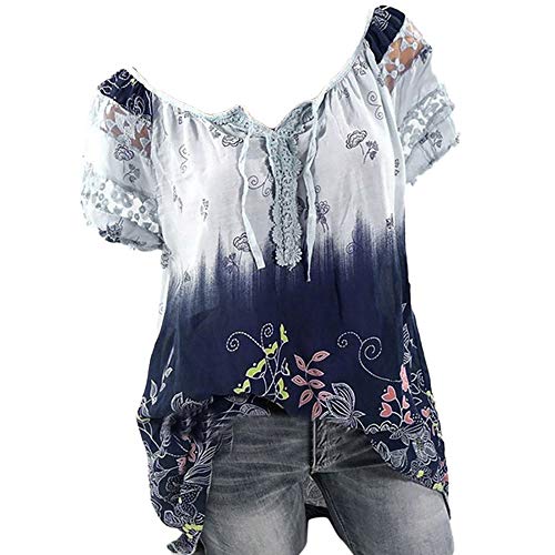 AmyGline Oberteile Damen Bluse Groß Größe Schulterfrei Spitze Einfarbig V Ausschnitt Kurzarm Hemd T-Shirt Top Freizeitbluse Sommerblusen Hemden Shirt von AmyGline