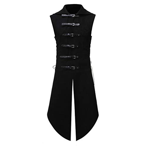 AmyGline Steampunk Herren Gothic Weste Jacke Lange Mittelalter Vintage Waistcoat Weste Viktorianischen Smoking Mantel Karneval Party Kostüm Männer Ärmellos Lederschnalle von AmyGline